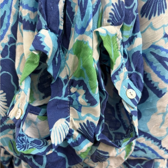 Nicole Miller Blue Green Floral Paisley Print Bishop Sleeve Button Front Top - Picture 6 of 10